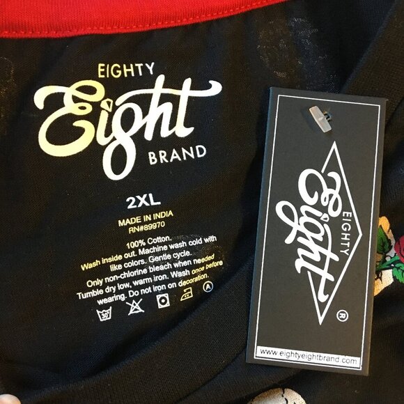 Eighty Eight Skeleton Rose Tee Shirt Adult 2XL Black Goth Halloween Long Length - Picture 9 of 9